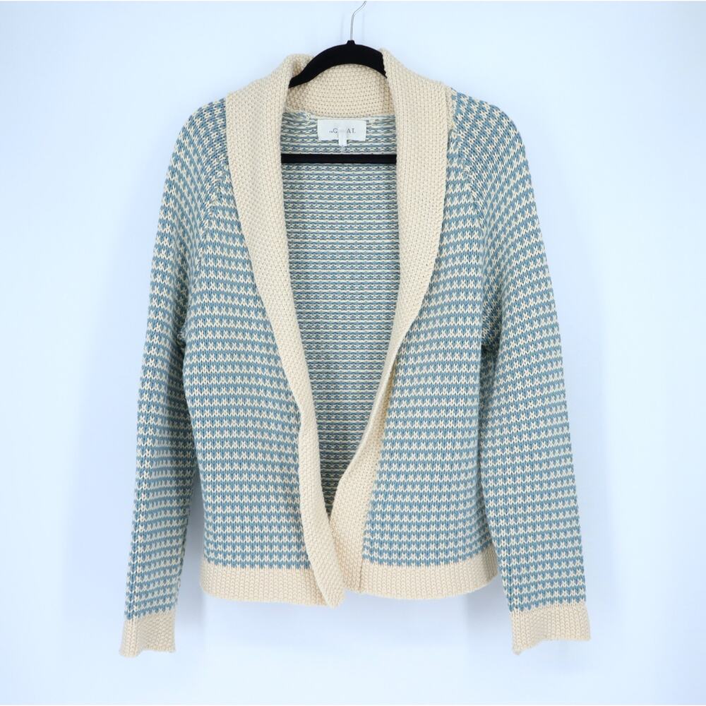 THE GREAT. Minicheck Lodge Cardigan Sweater Morning Sky Open Front Women's 0 XS - Picture 3 of 11